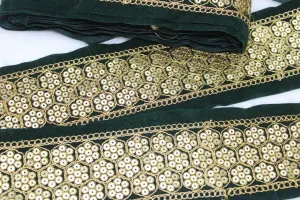 Dark Green Floral Sequins Work Embroidered Border