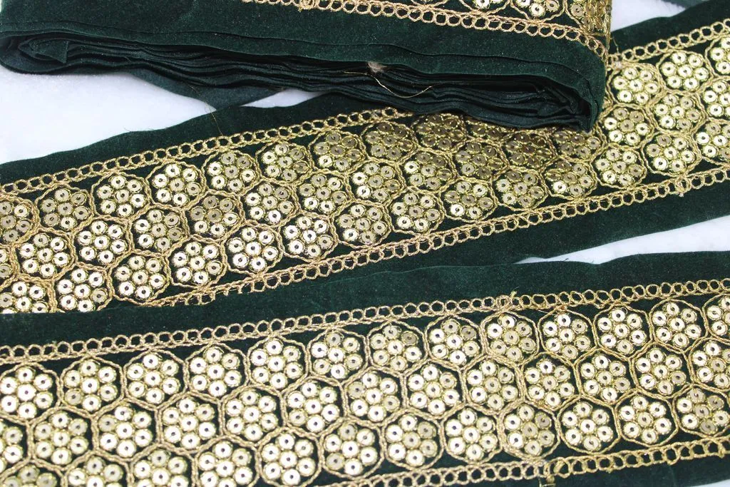 Dark Green Floral Sequins Work Embroidered Border