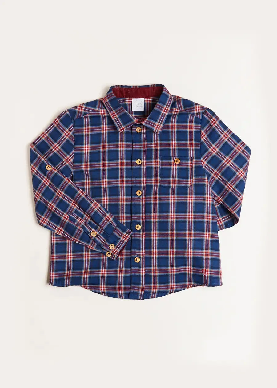 Eaton Check Polo Collar Long Sleeve Shirt in Navy (3-10yrs)