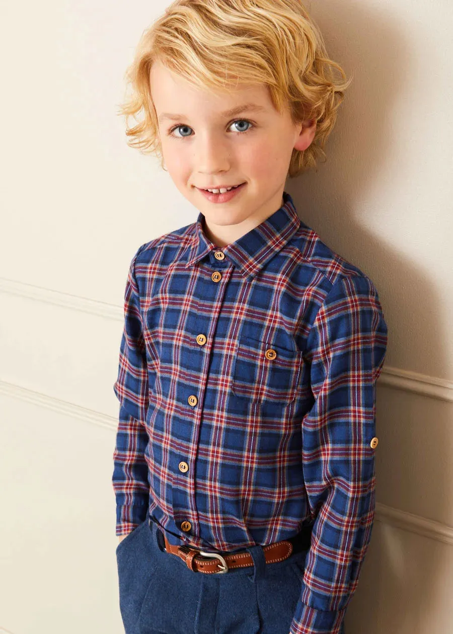 Eaton Check Polo Collar Long Sleeve Shirt in Navy (3-10yrs)