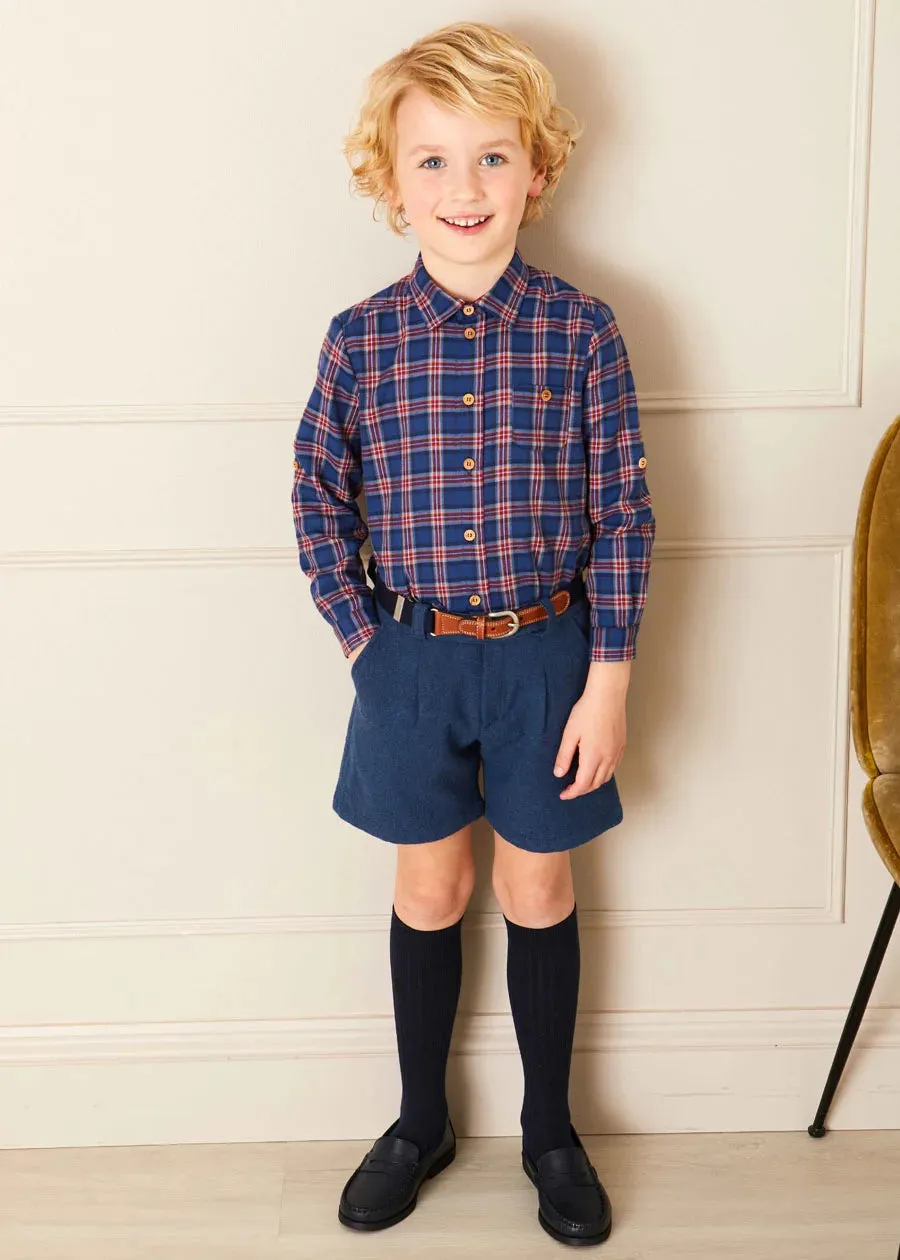 Eaton Check Polo Collar Long Sleeve Shirt in Navy (3-10yrs)