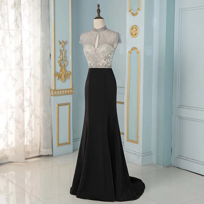 Elegant Black Crystals Mermaid Evening Dresses Long Cap Sleeve Formal Evening Gown (limited supply)