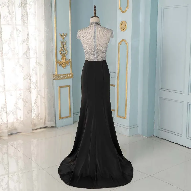 Elegant Black Crystals Mermaid Evening Dresses Long Cap Sleeve Formal Evening Gown (limited supply)