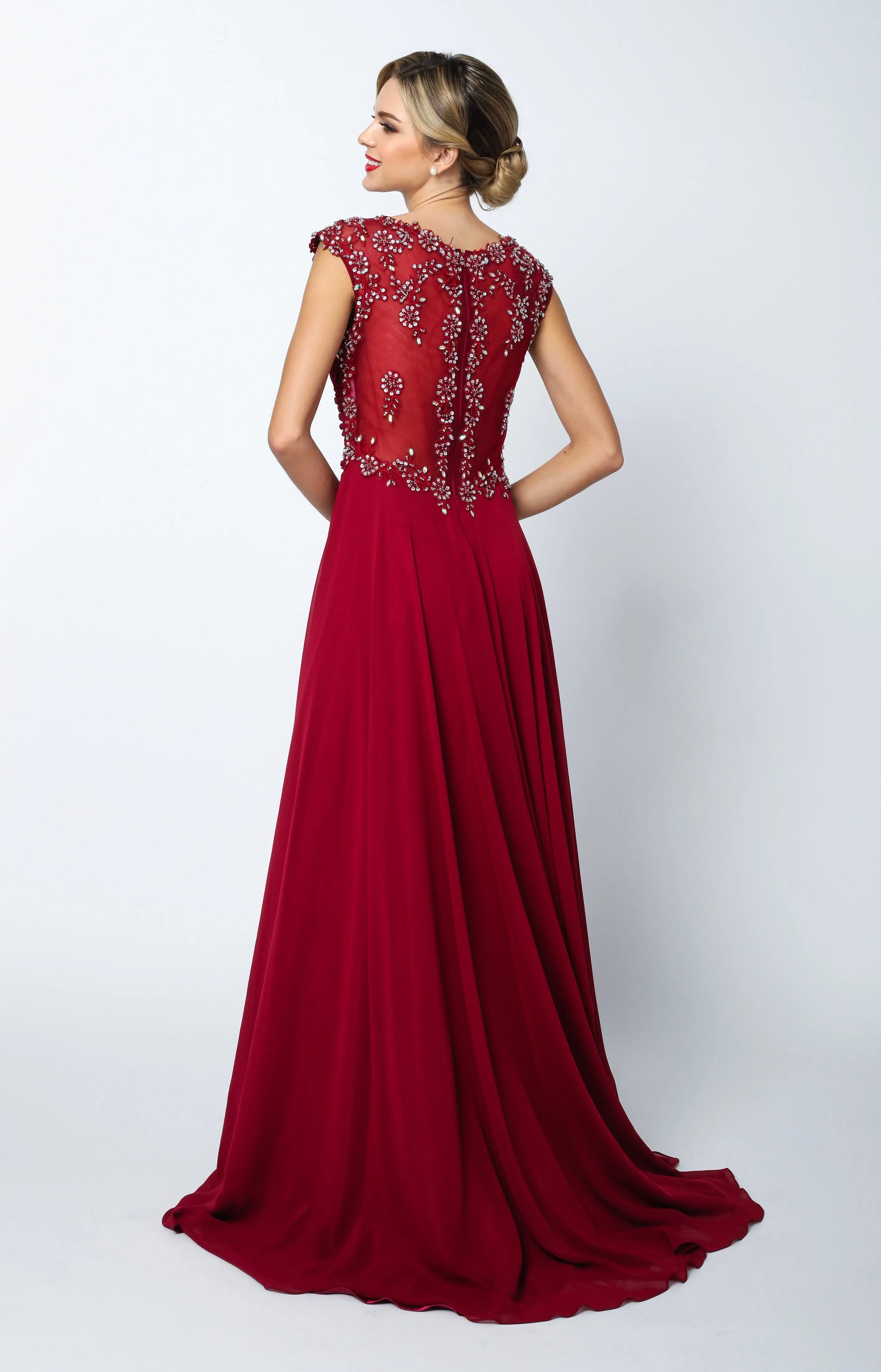 Embroidered Long Cap Sleeve Dress with Sheer Back by Juliet 585