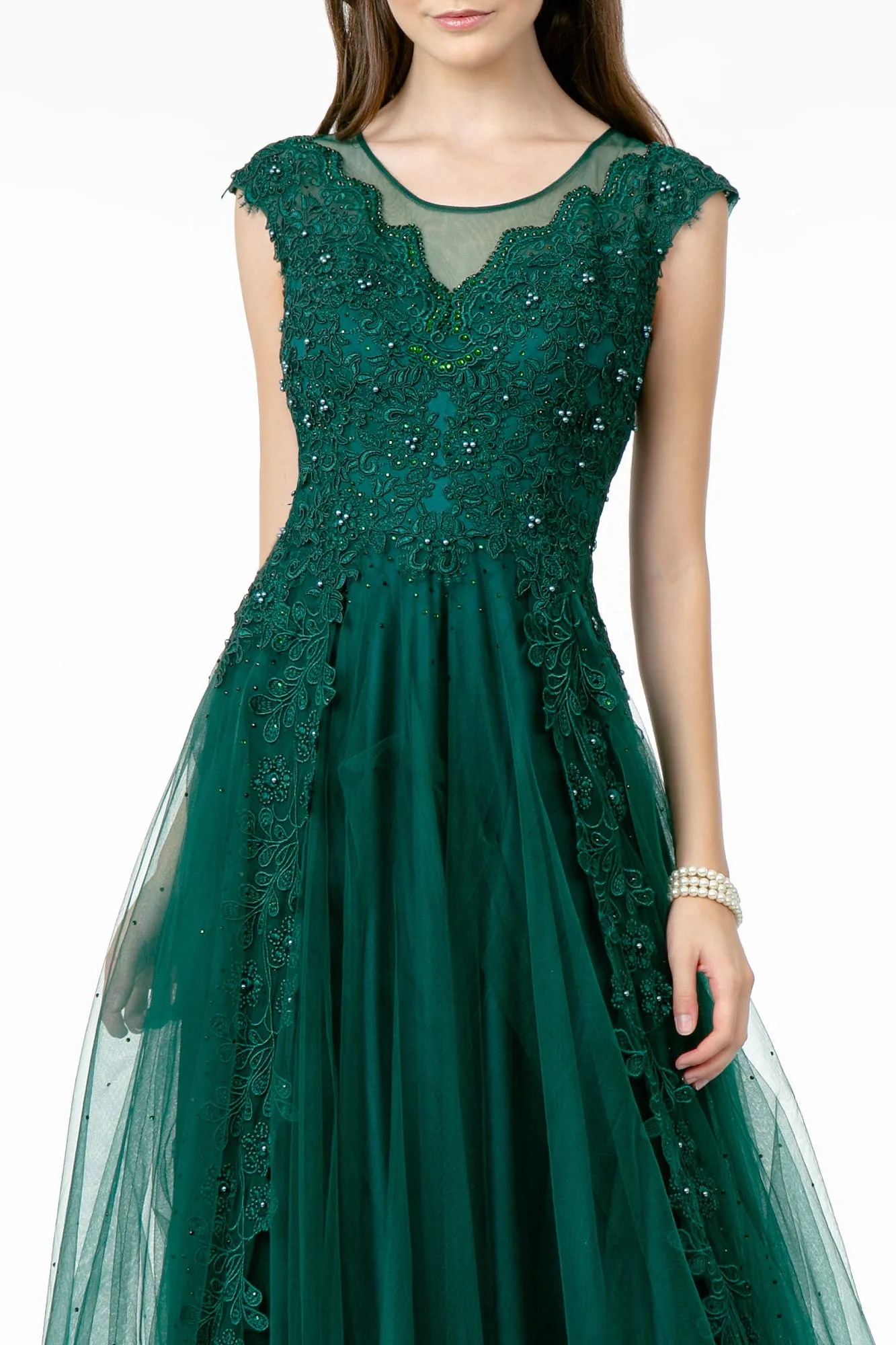 Embroidered Mesh A-Line w/ Sheer Back Long Prom Dress GLGL2882