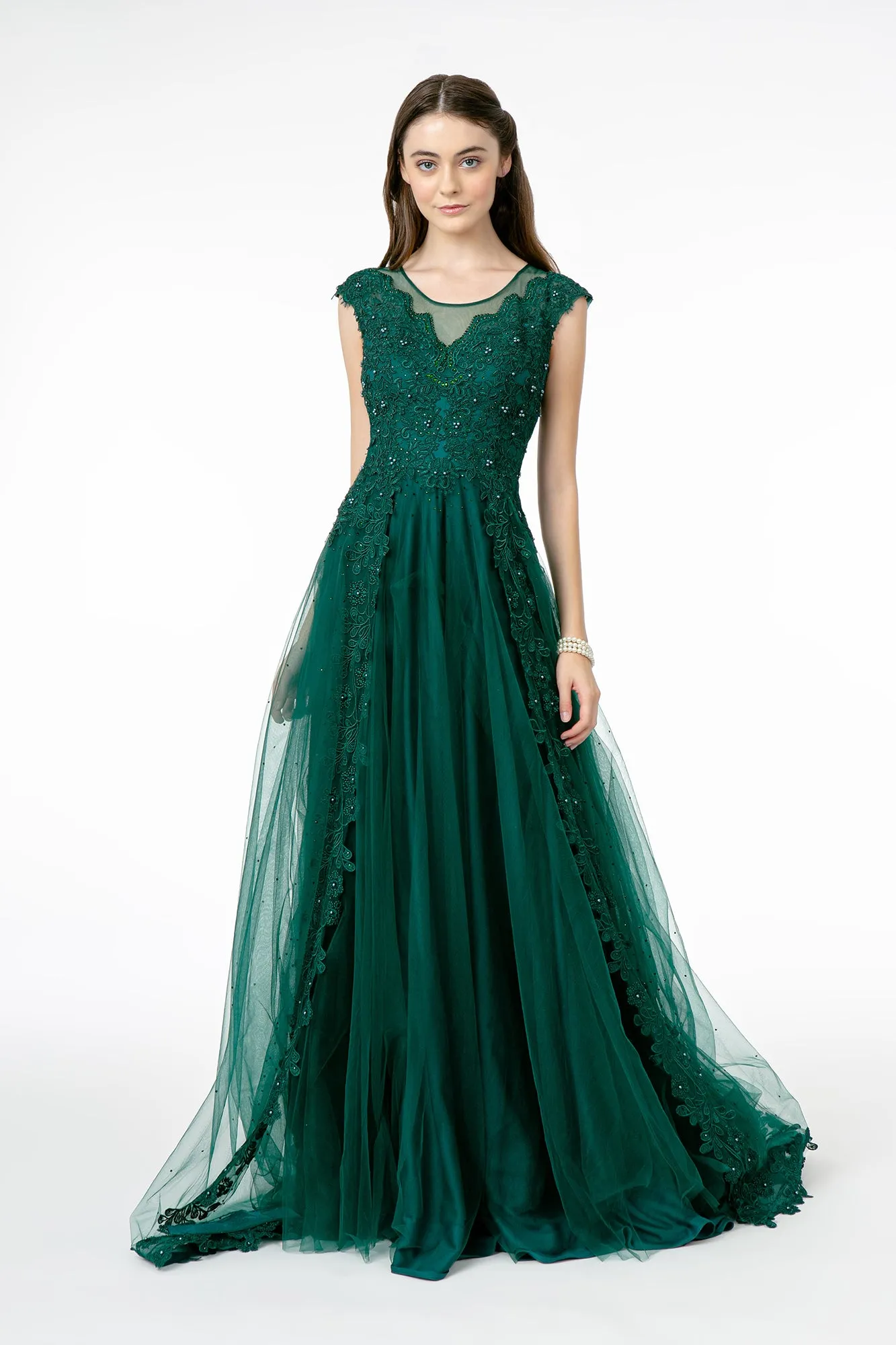 Embroidered Mesh A-Line w/ Sheer Back Long Prom Dress GLGL2882