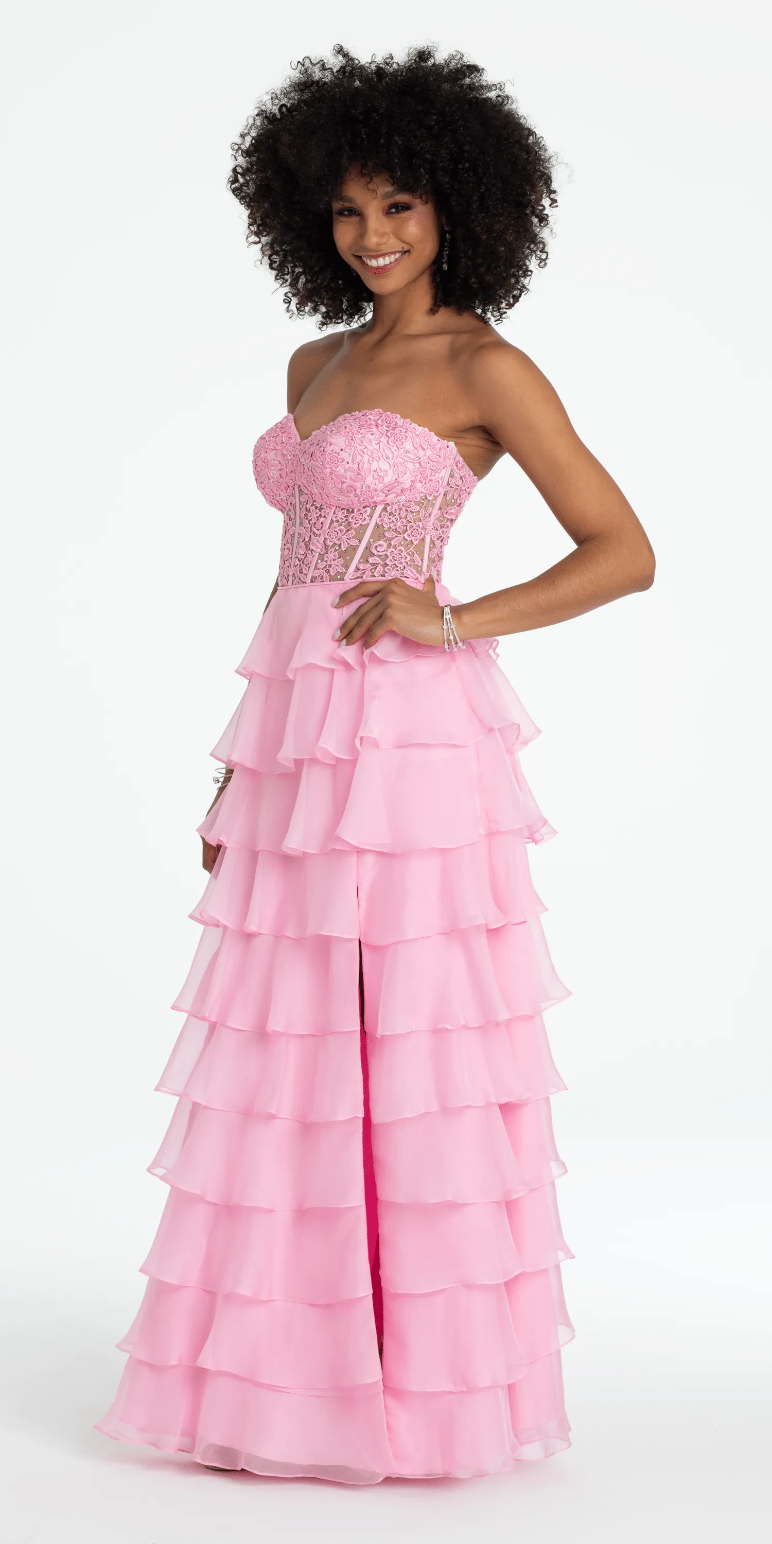 Embroidered Strapless Chiffon Tiered Corset Ballgown