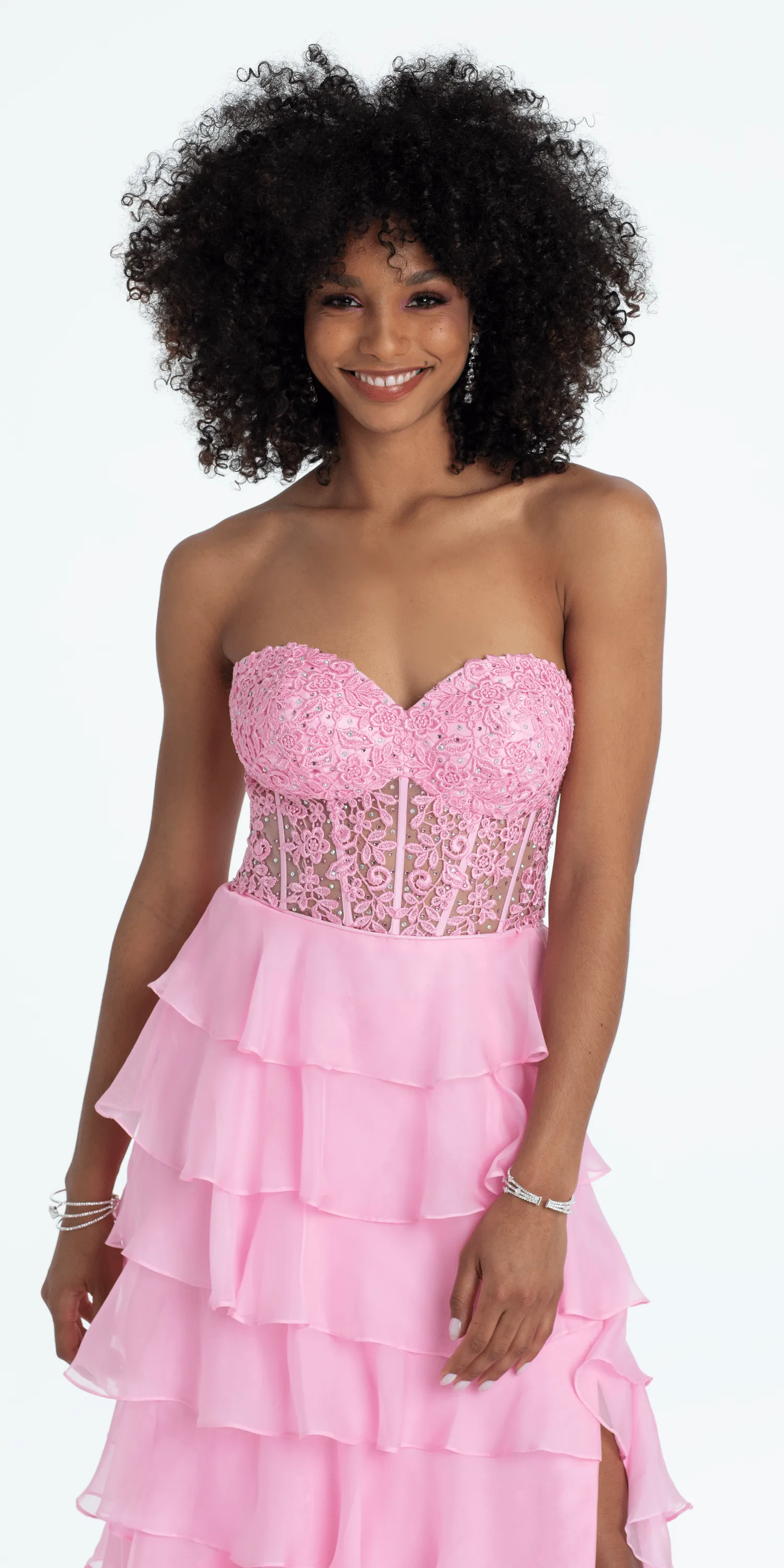 Embroidered Strapless Chiffon Tiered Corset Ballgown