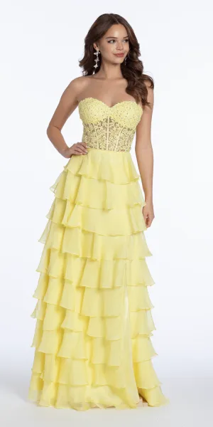 Embroidered Strapless Chiffon Tiered Corset Ballgown