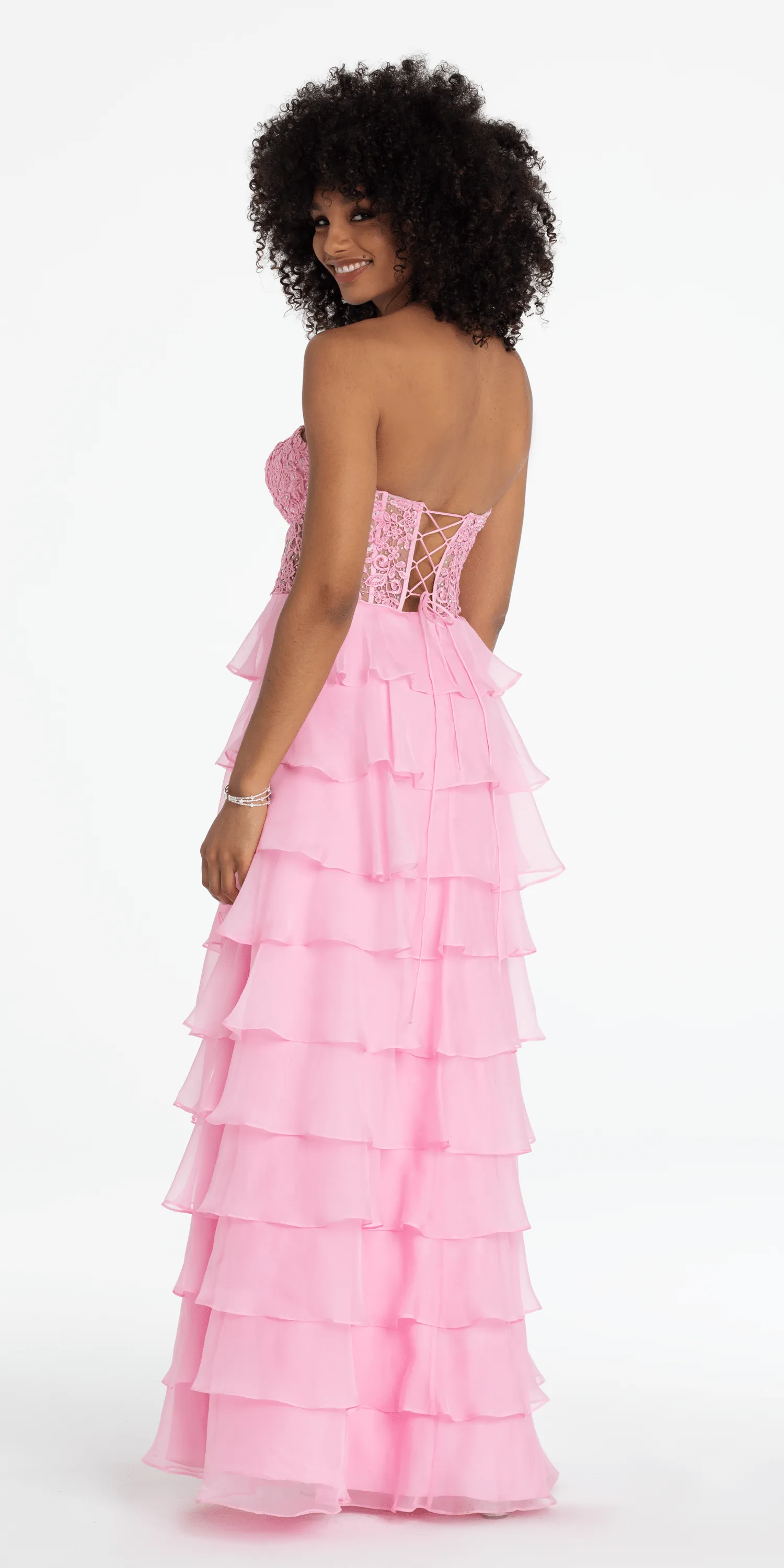 Embroidered Strapless Chiffon Tiered Corset Ballgown