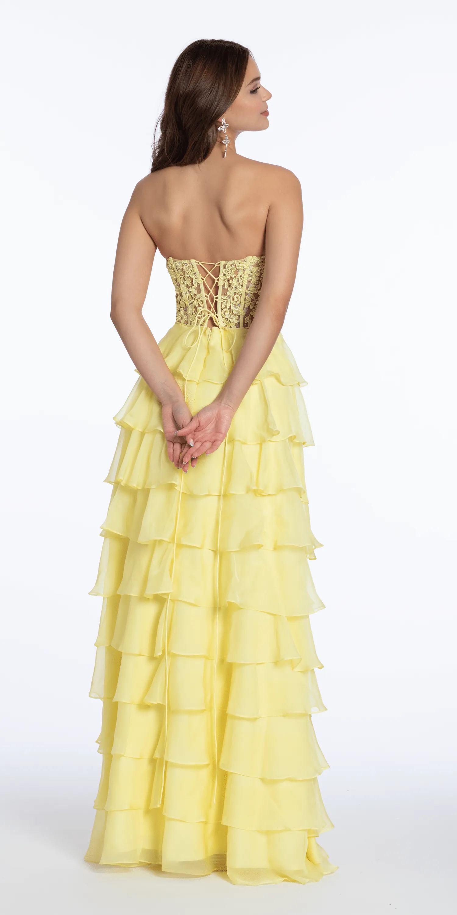 Embroidered Strapless Chiffon Tiered Corset Ballgown
