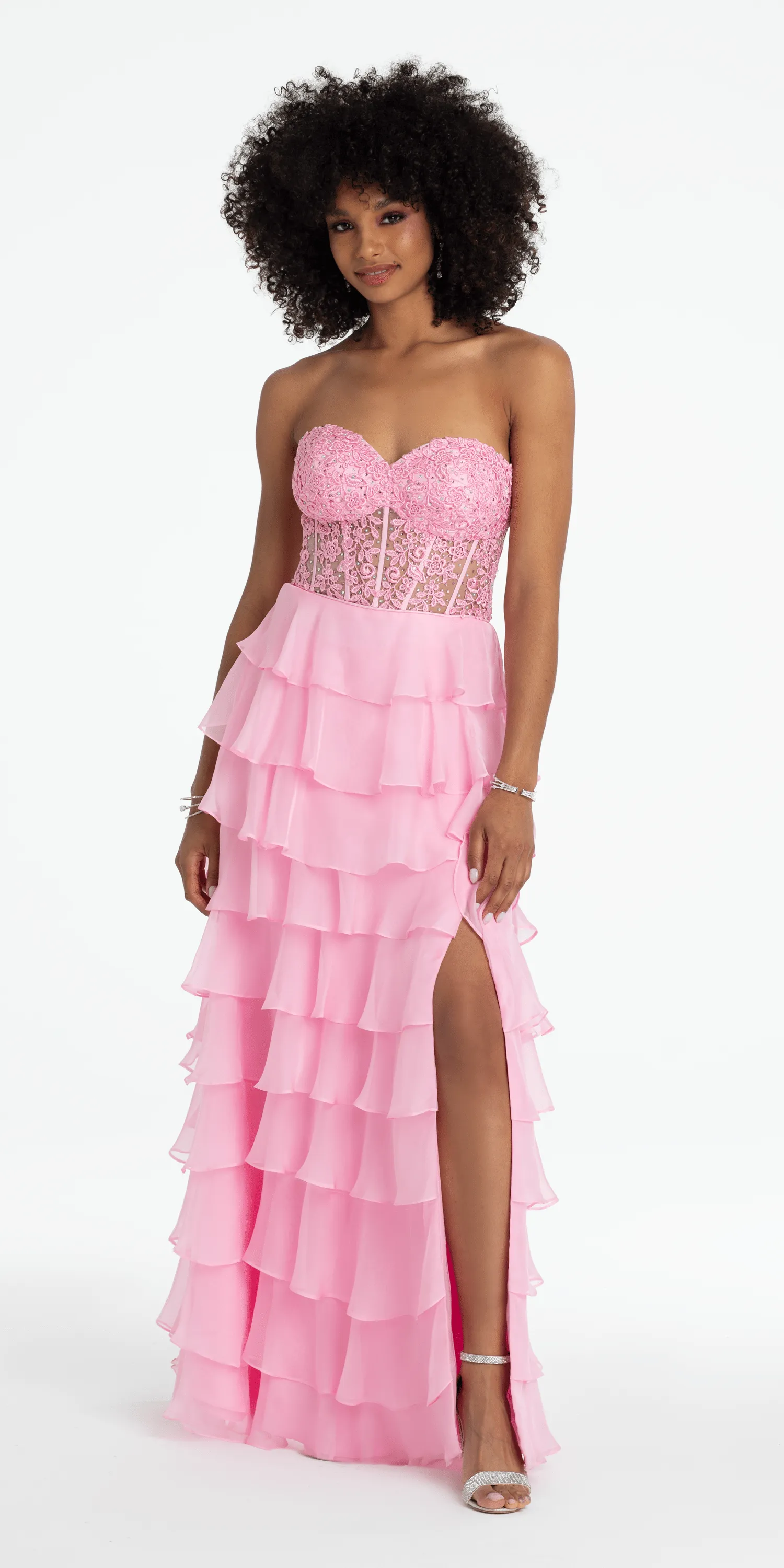 Embroidered Strapless Chiffon Tiered Corset Ballgown