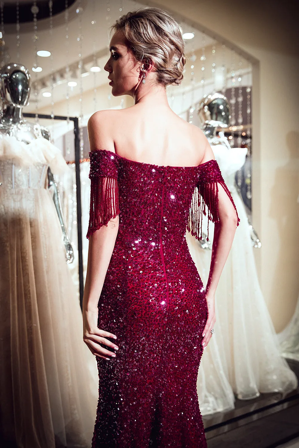 Fabulous Long Mermaid Off-the-shoulder Tulle Sequined Prom Dress