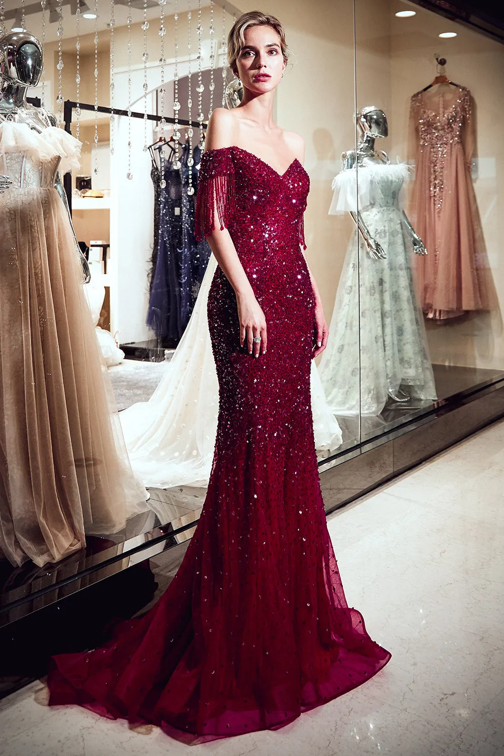 Fabulous Long Mermaid Off-the-shoulder Tulle Sequined Prom Dress
