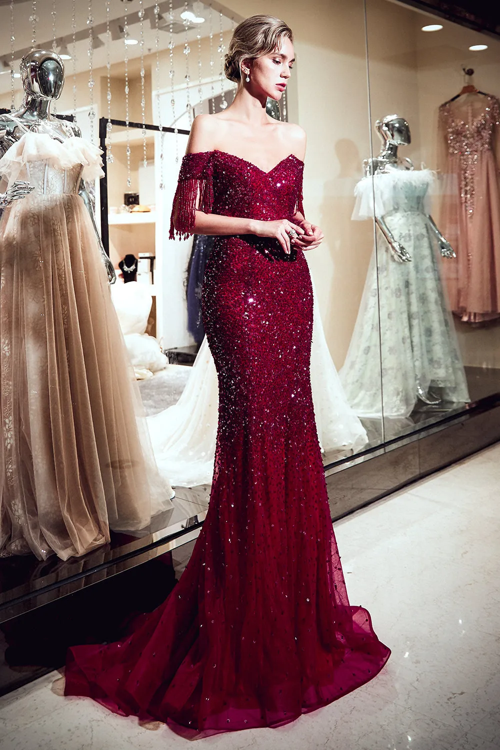 Fabulous Long Mermaid Off-the-shoulder Tulle Sequined Prom Dress