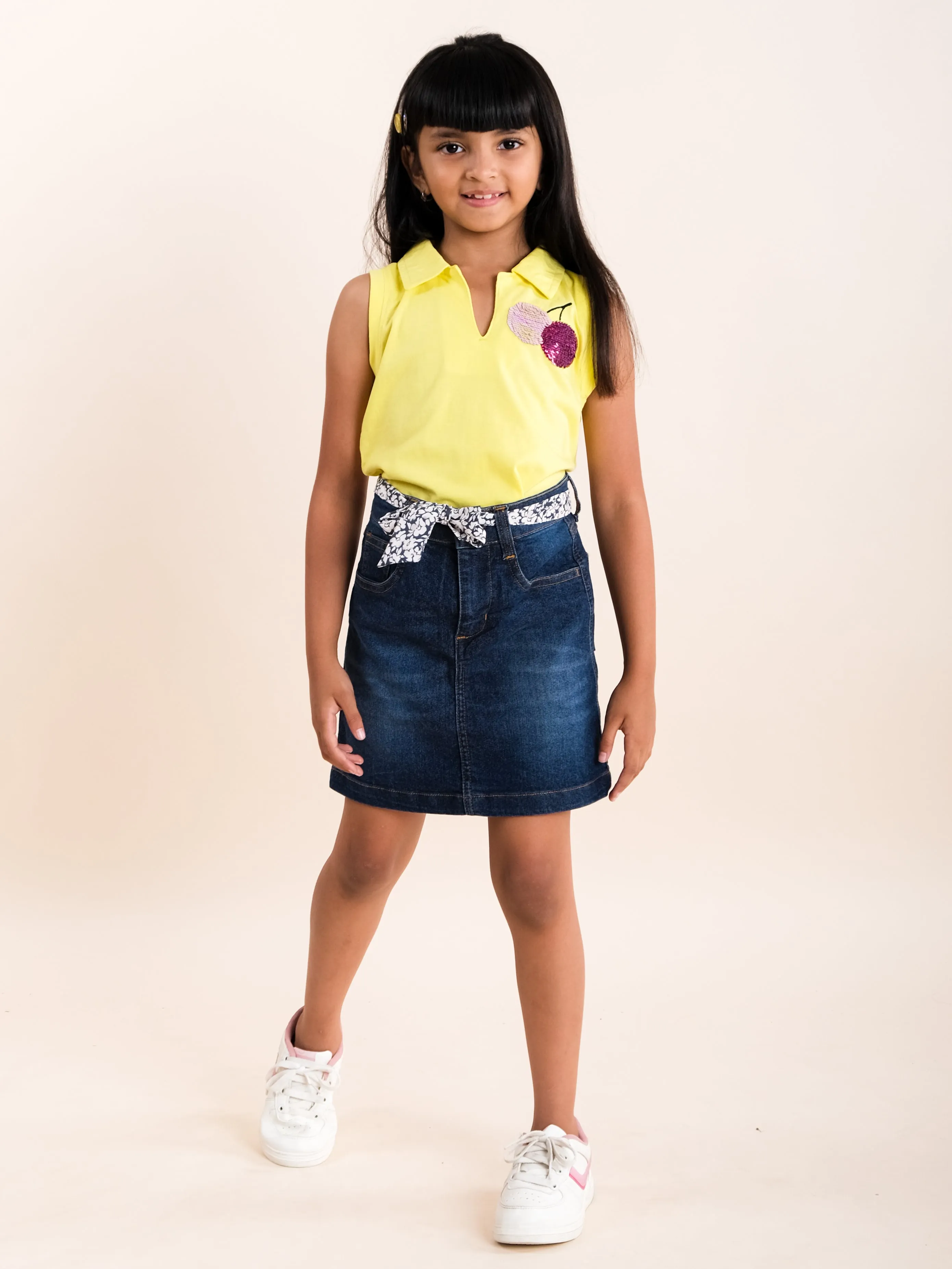 Girls Cotton Sleeveless Crop Length Applique Polo Tee With Fashion Denim Skirt Set