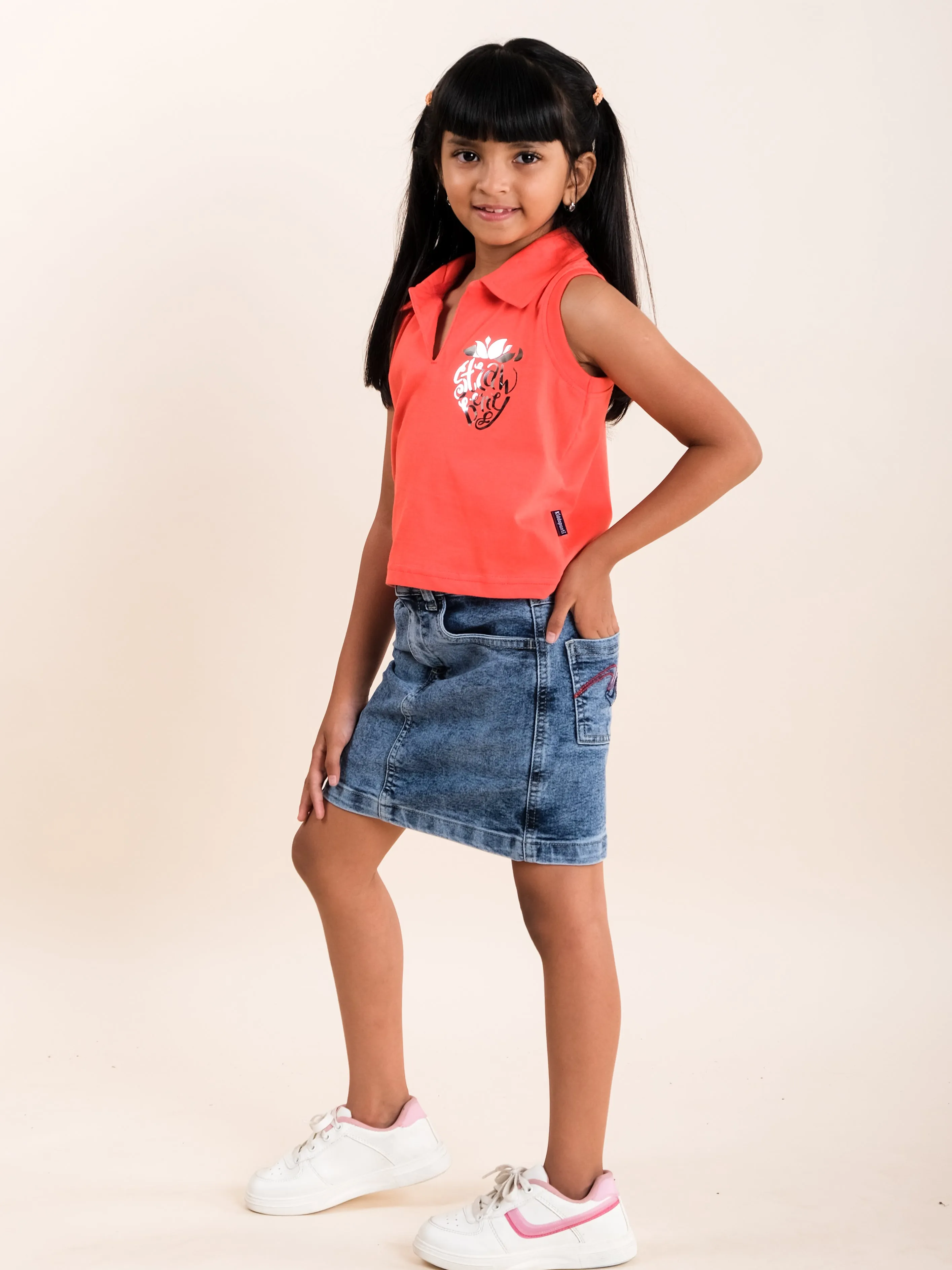 Girls Cotton Sleeveless Crop Length Applique Polo Tee With Fashion Denim Skirt Set