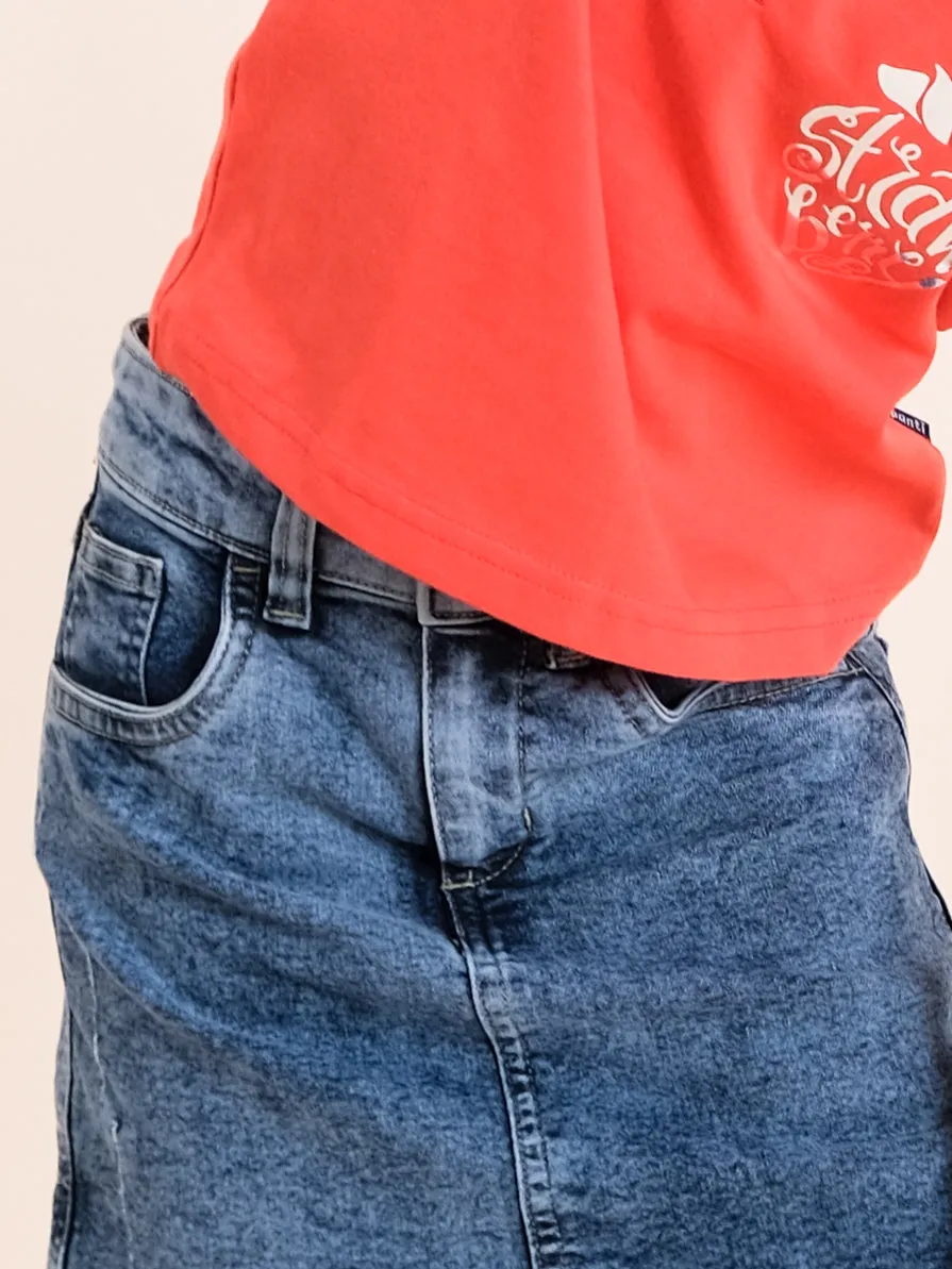 Girls Cotton Sleeveless Crop Length Applique Polo Tee With Fashion Denim Skirt Set