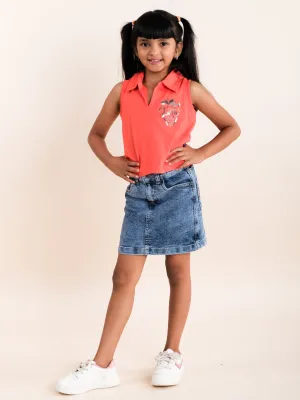 Girls Cotton Sleeveless Crop Length Applique Polo Tee With Fashion Denim Skirt Set