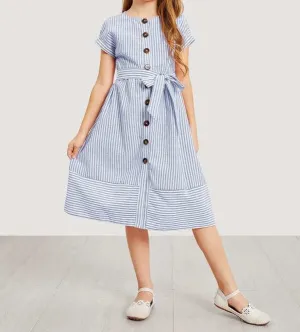 Girls Waist Belted Single Breasted Striped Dress