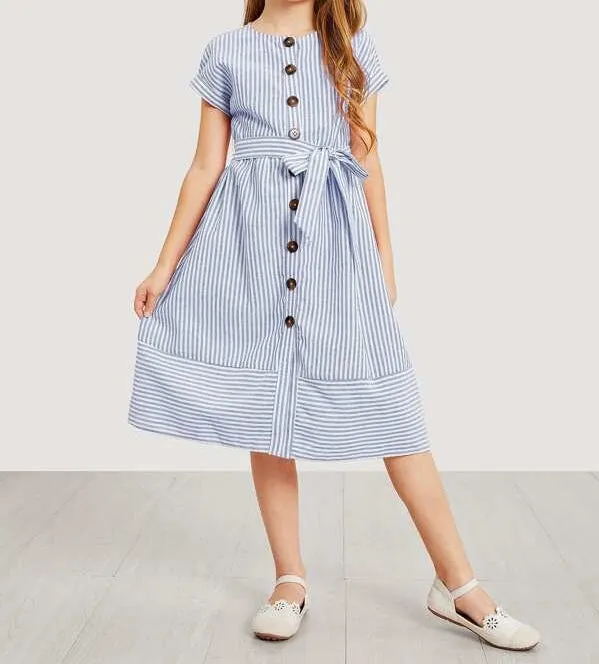 Girls Waist Belted Single Breasted Striped Dress