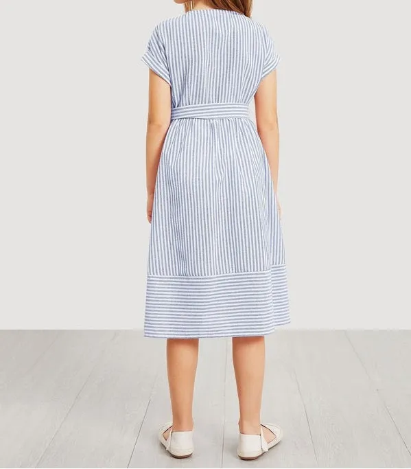 Girls Waist Belted Single Breasted Striped Dress