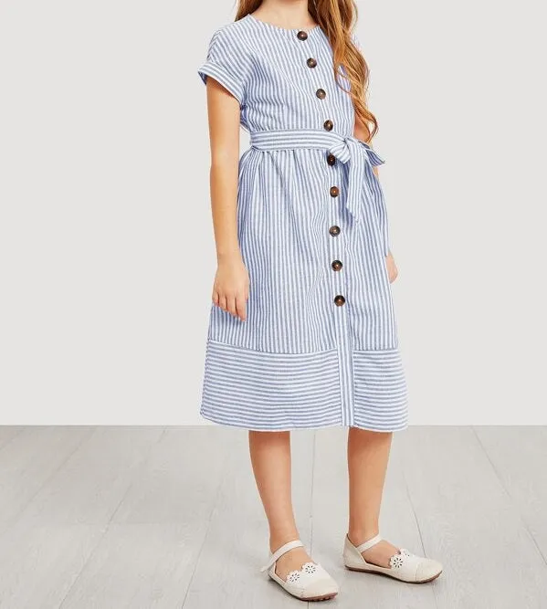 Girls Waist Belted Single Breasted Striped Dress