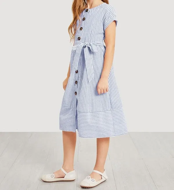 Girls Waist Belted Single Breasted Striped Dress