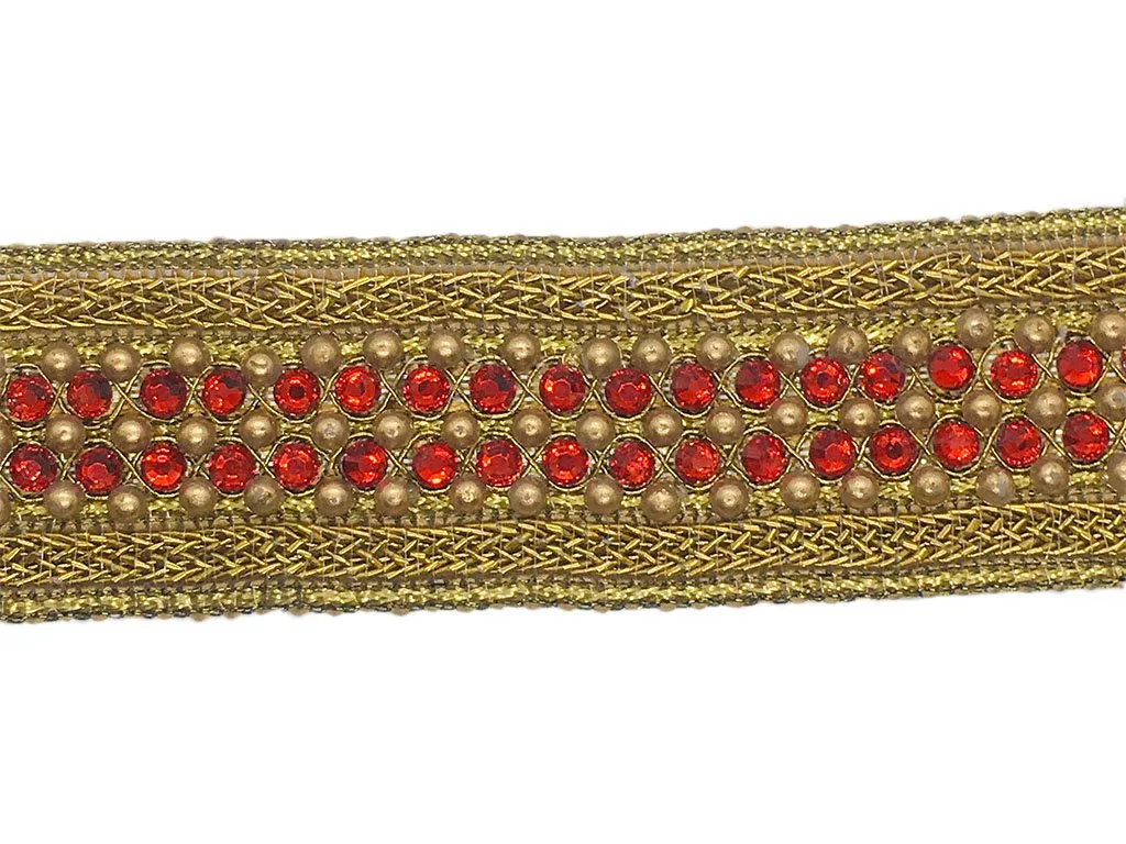 Golden Dark Red Stone Work Studded Embroidered Border