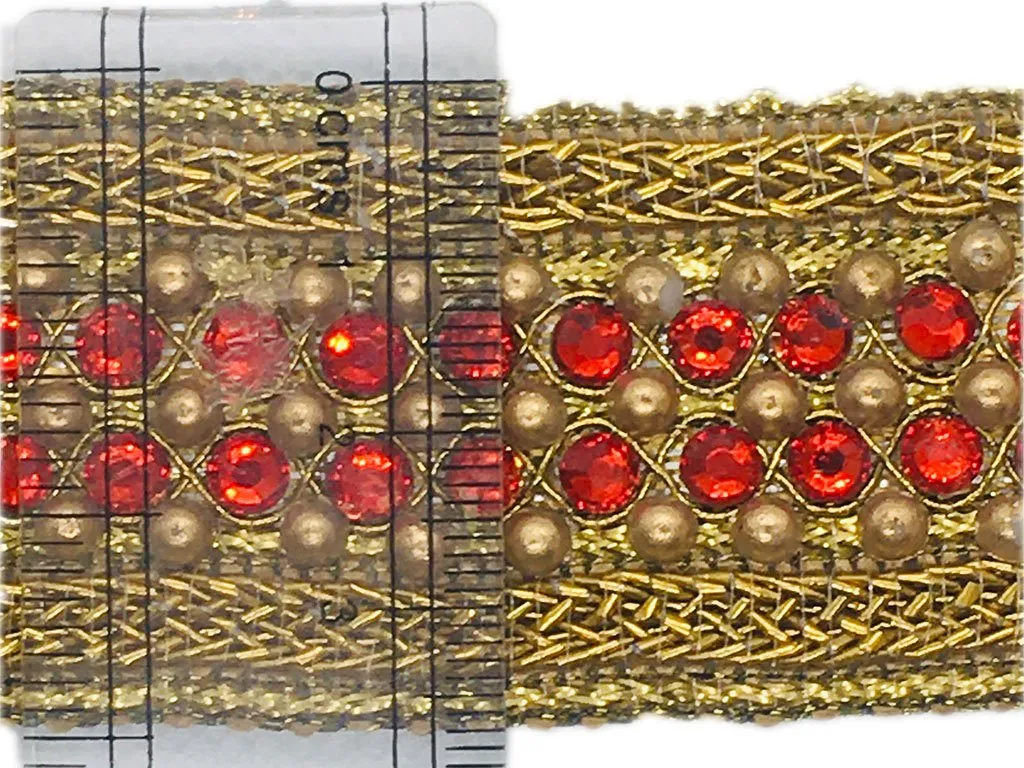 Golden Dark Red Stone Work Studded Embroidered Border