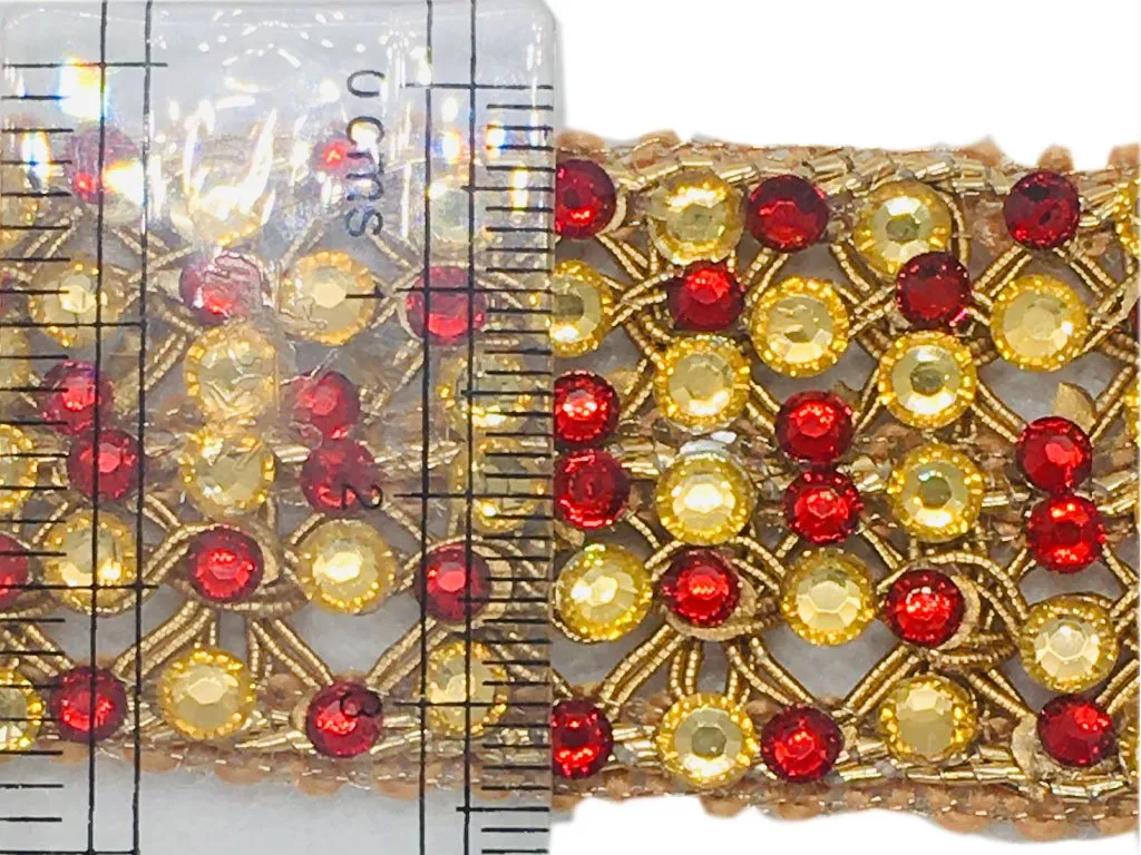 Golden Red Designer Stone Studded Embroidered Border