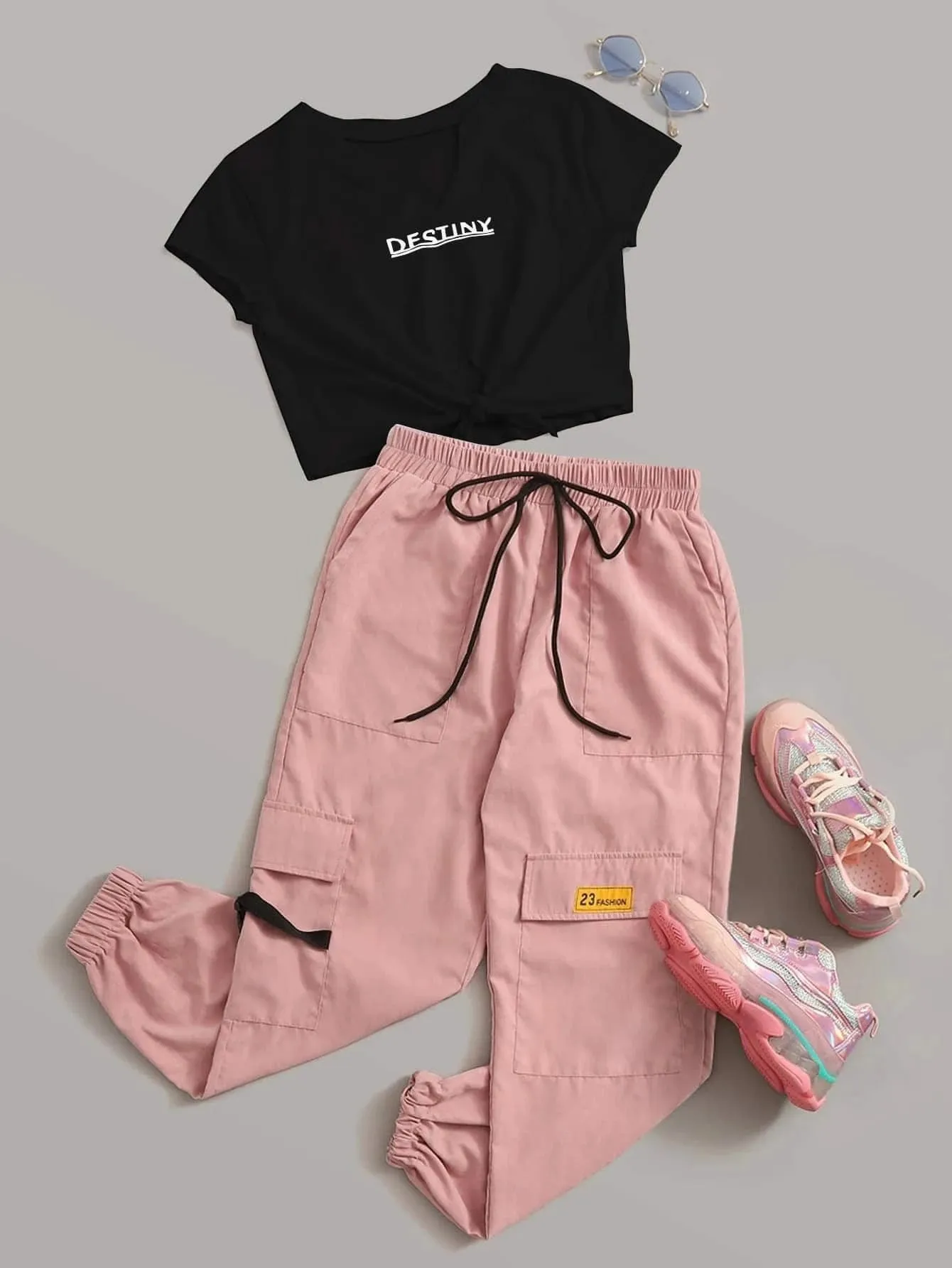 Graphic Tee And Drawstring Cargo Set
