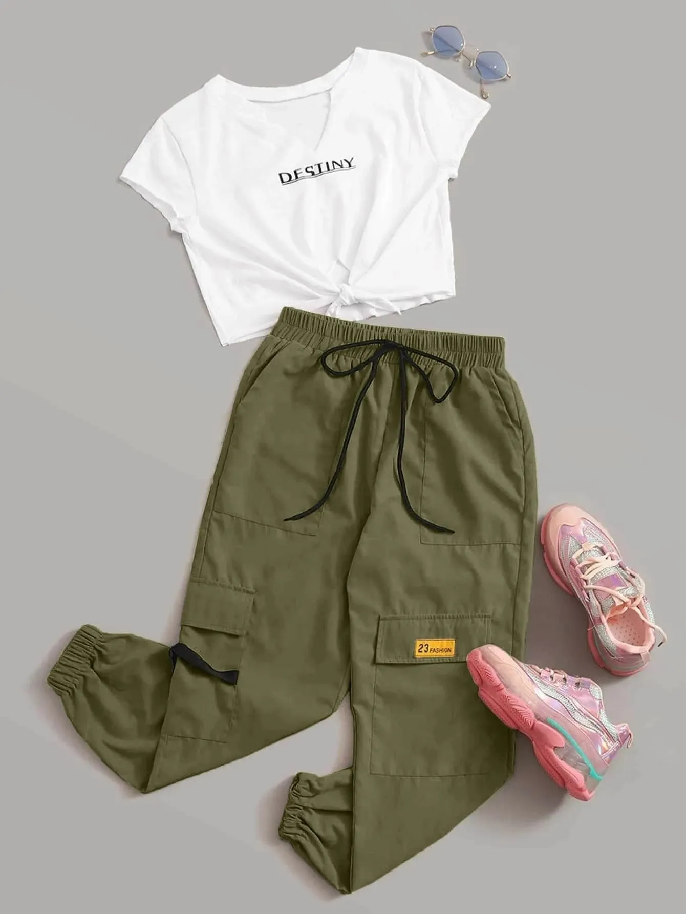 Graphic Tee And Drawstring Cargo Set