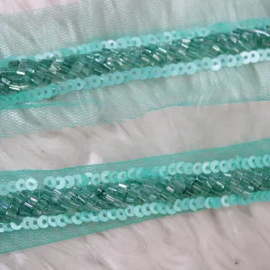 Green Handwork Sequins And Cutdana Beads Work Embroidered Border (Wholesale)
