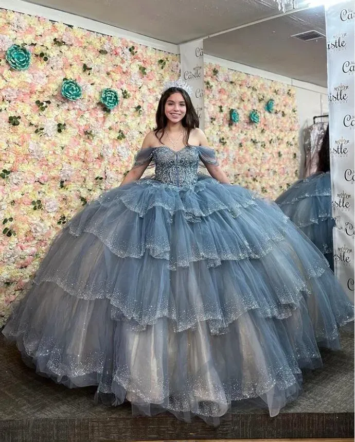 Grey Blue Sparkly Princess Quinceanera Dresses Off Shoulder Luxury Crystal Tiered Skirt vestido xv años Sweet 15 Prom