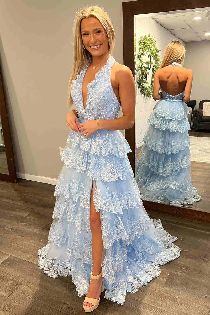 Halter Light Blue Long Prom Dresses Tiered Ruffle Appliques Formal Dress
