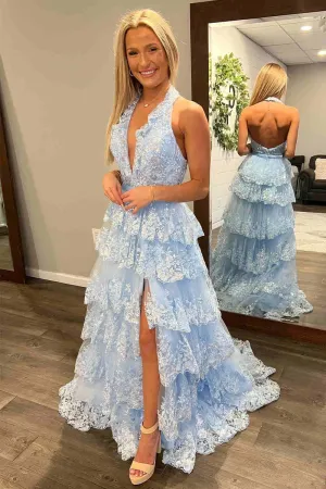 Halter Light Blue Long Prom Dresses Tiered Ruffle Appliques Formal Dress