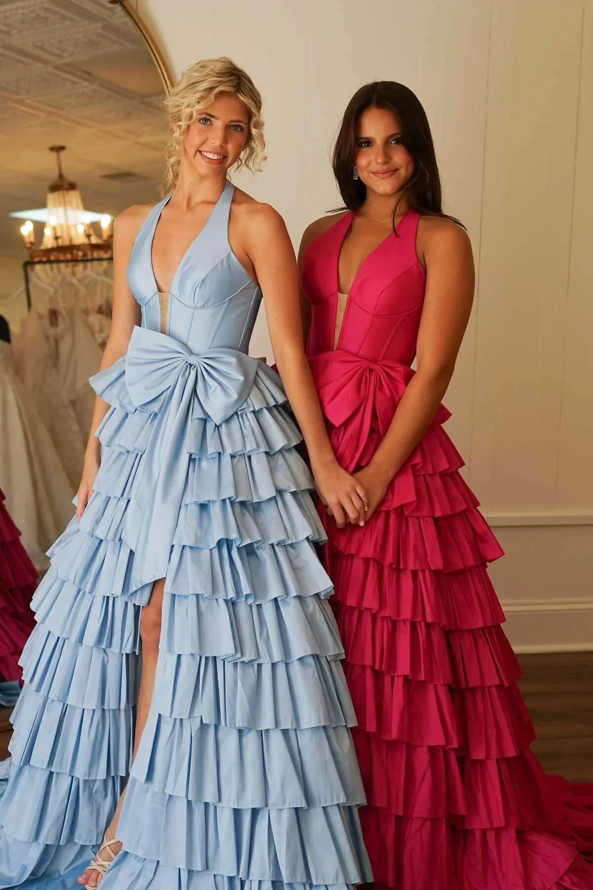 Halter Sage Green Satin Ruffle Long Formal Dress