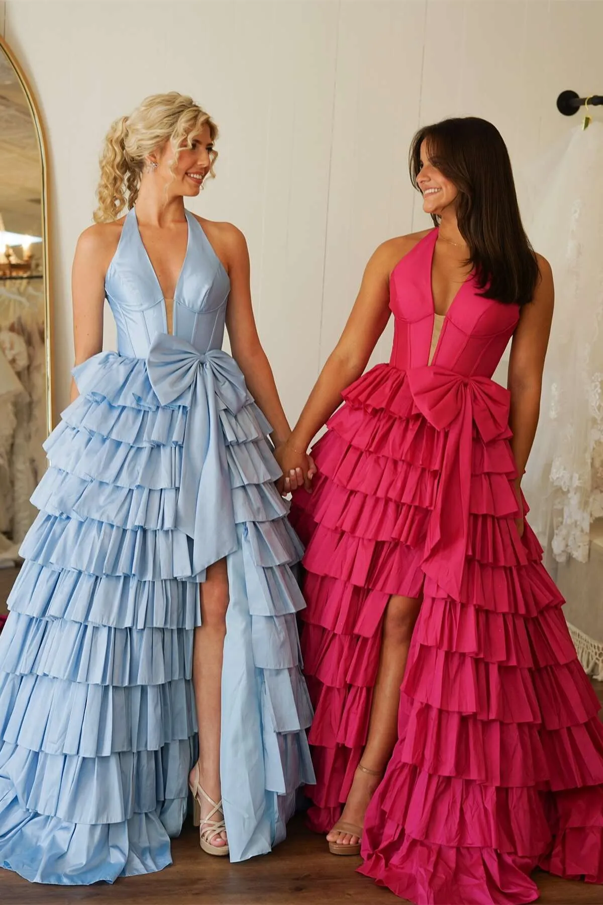 Halter Sage Green Satin Ruffle Long Formal Dress