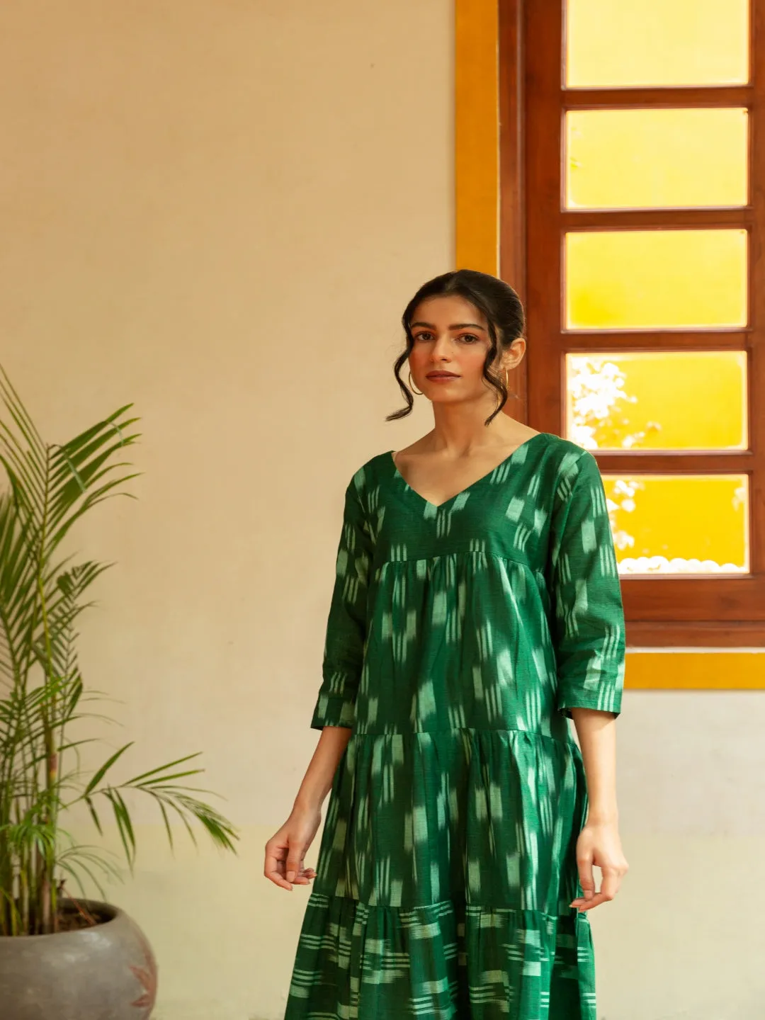 Handloom Cotton Ikkat Green Tiered Dress