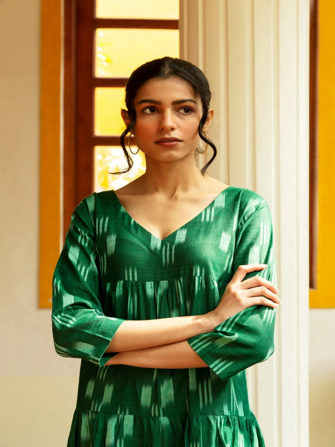 Handloom Cotton Ikkat Green Tiered Dress