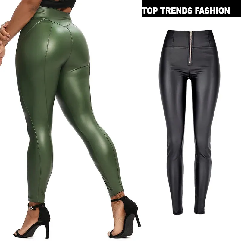 High Waist Zipper Pu Leggings For Women Black Sexy Booty Stretch Pants