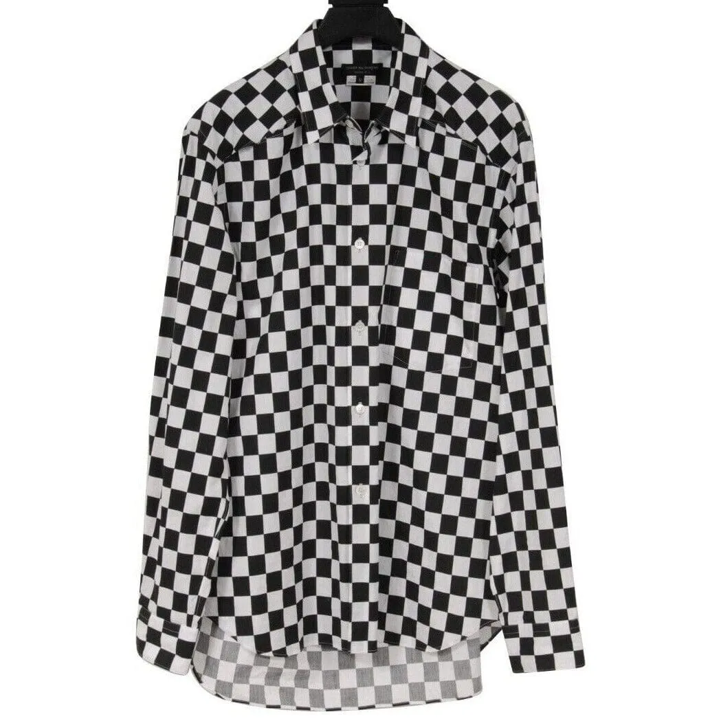 Homme Plus Mens Button Up Checkered Board Cut Out Shirt