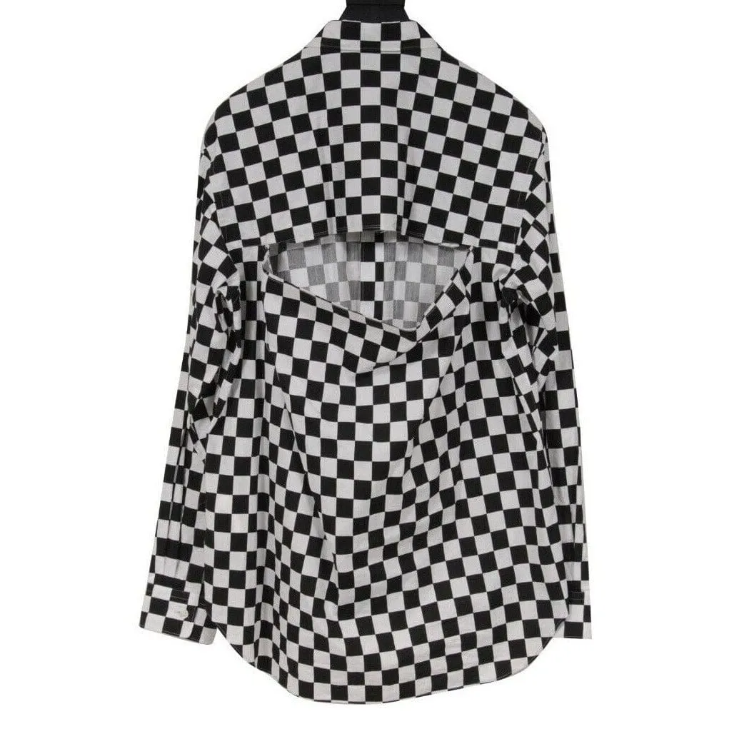 Homme Plus Mens Button Up Checkered Board Cut Out Shirt