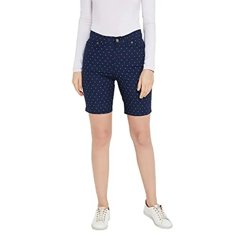 HYPERNATION Navy Blue Polka Dot Printed Cotton Lycra Women's Shorts