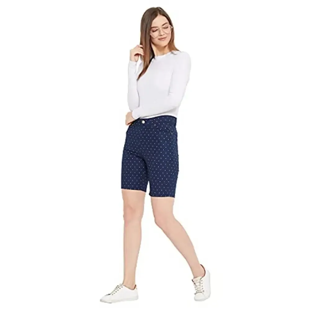 HYPERNATION Navy Blue Polka Dot Printed Cotton Lycra Women's Shorts