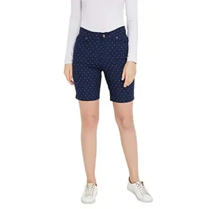 HYPERNATION Navy Blue Polka Dot Printed Cotton Lycra Women's Shorts