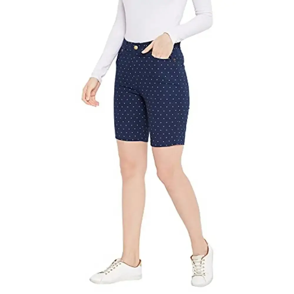 HYPERNATION Navy Blue Polka Dot Printed Cotton Lycra Women's Shorts