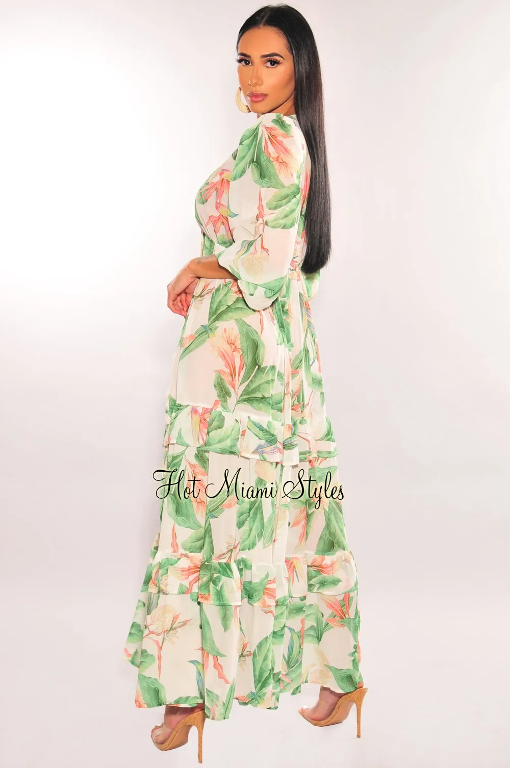 Ivory Palm Print Tie Up Long Sleeve Ruffle Cover Up
