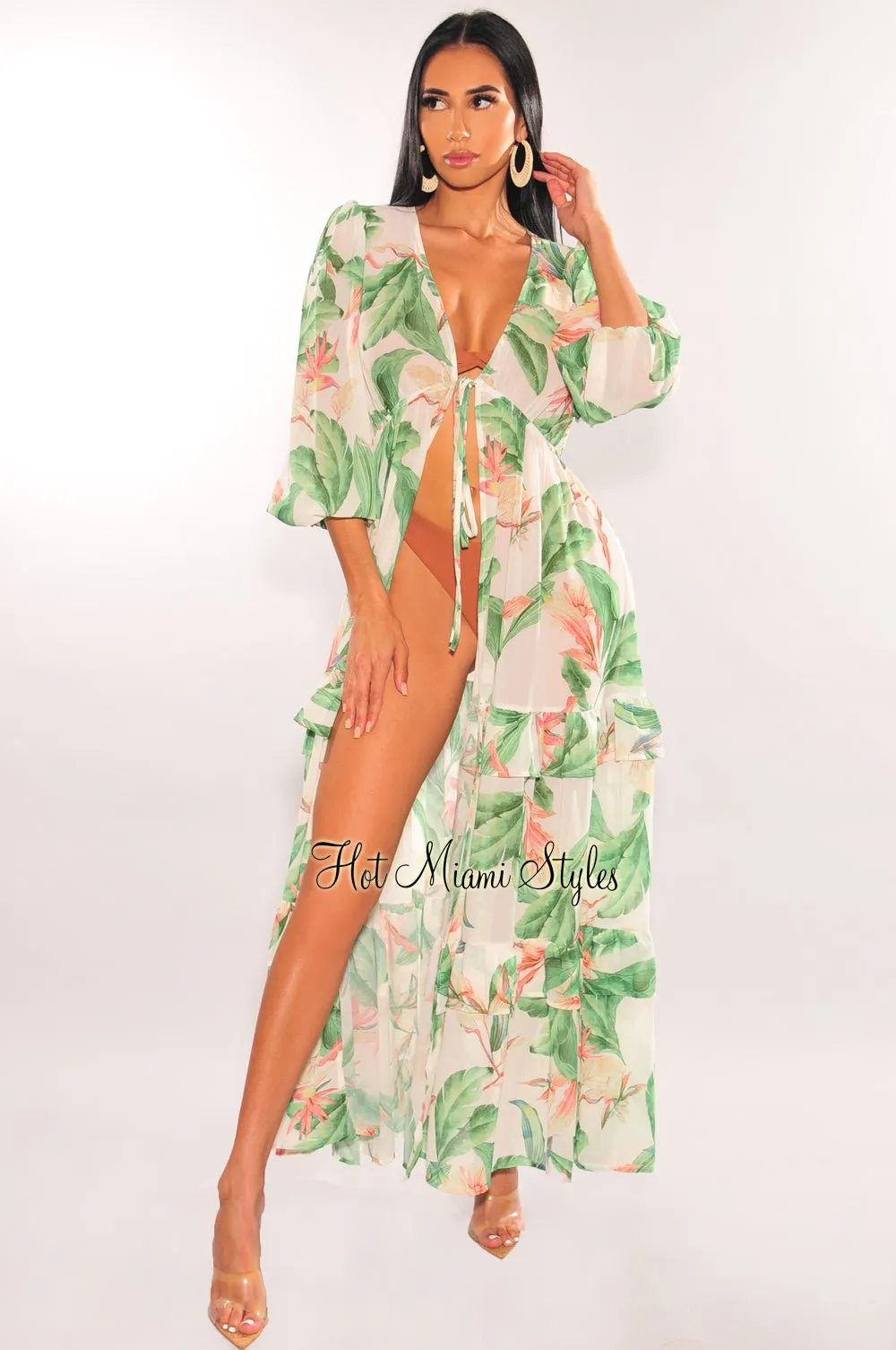 Ivory Palm Print Tie Up Long Sleeve Ruffle Cover Up